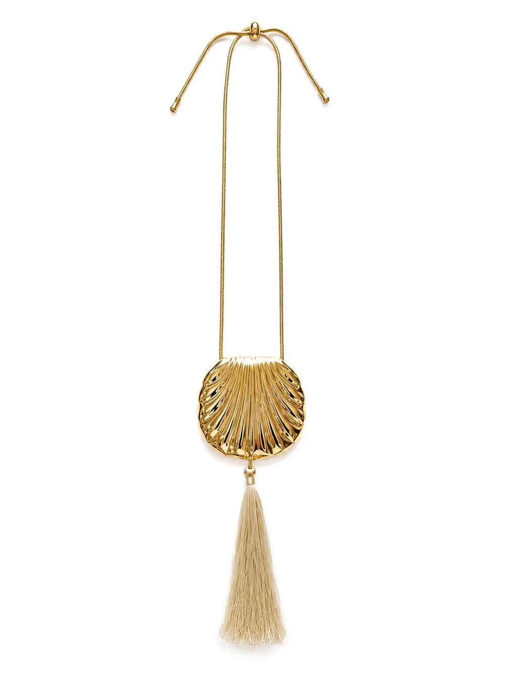 Sol Shell Tassel Necklace by Mayamar Gold Shell Pendant Cream Tassel